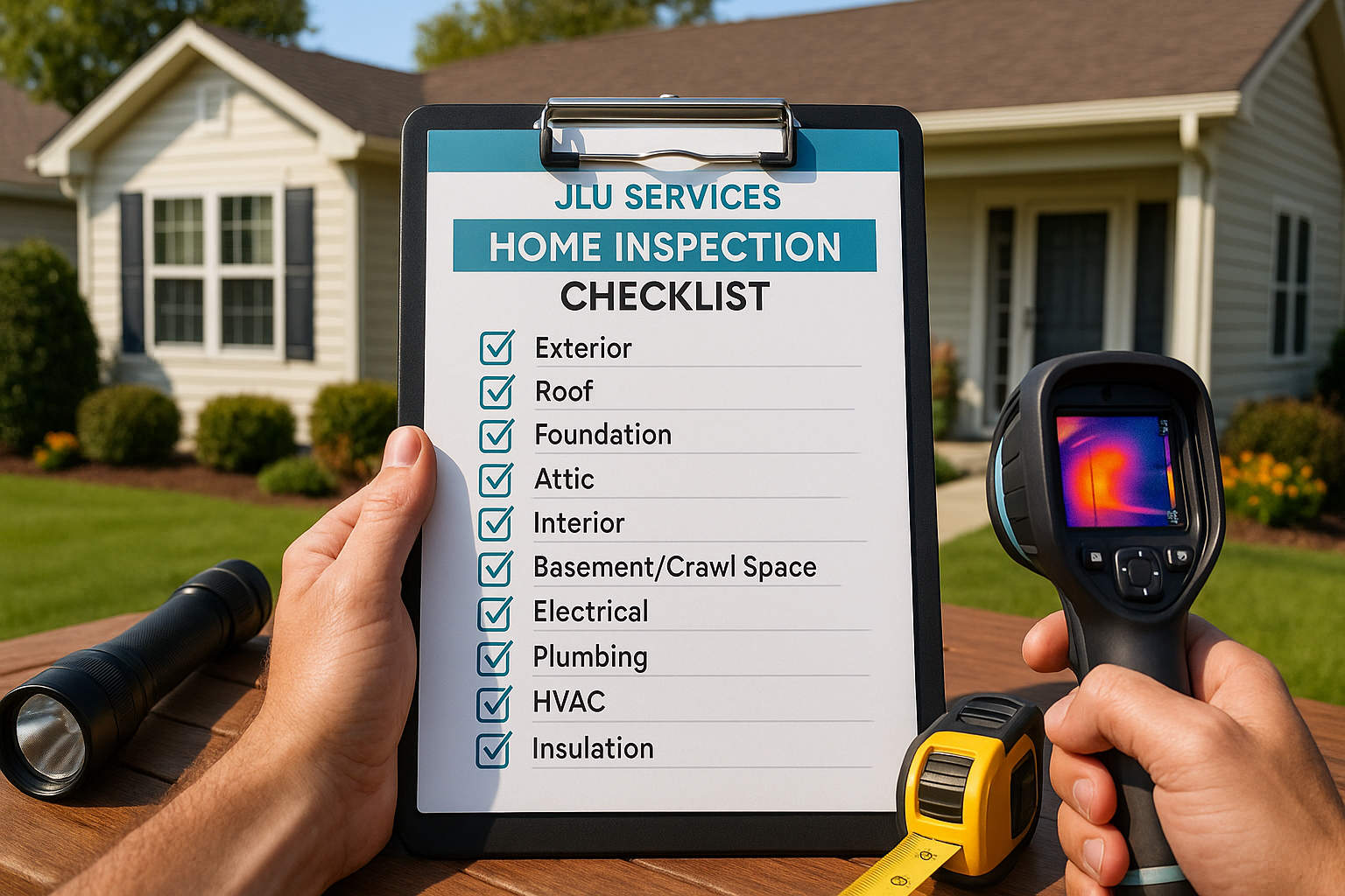 A close-up of a clipboard or tablet displaying a detailed home inspection checklist, placed on a tab