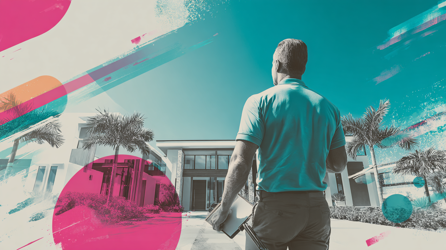 Man in blue shirt walks toward a modern house on a sunny day. Abstract pink and teal shapes overlay the scene.