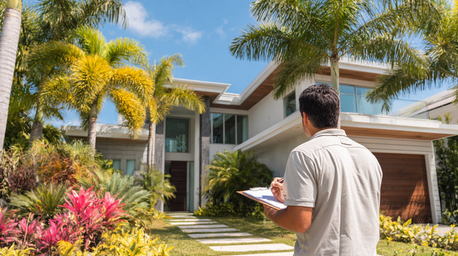 Man taking notes on a clipboard, inspecting a modern house with a palm-filled landscape under a blue sky.