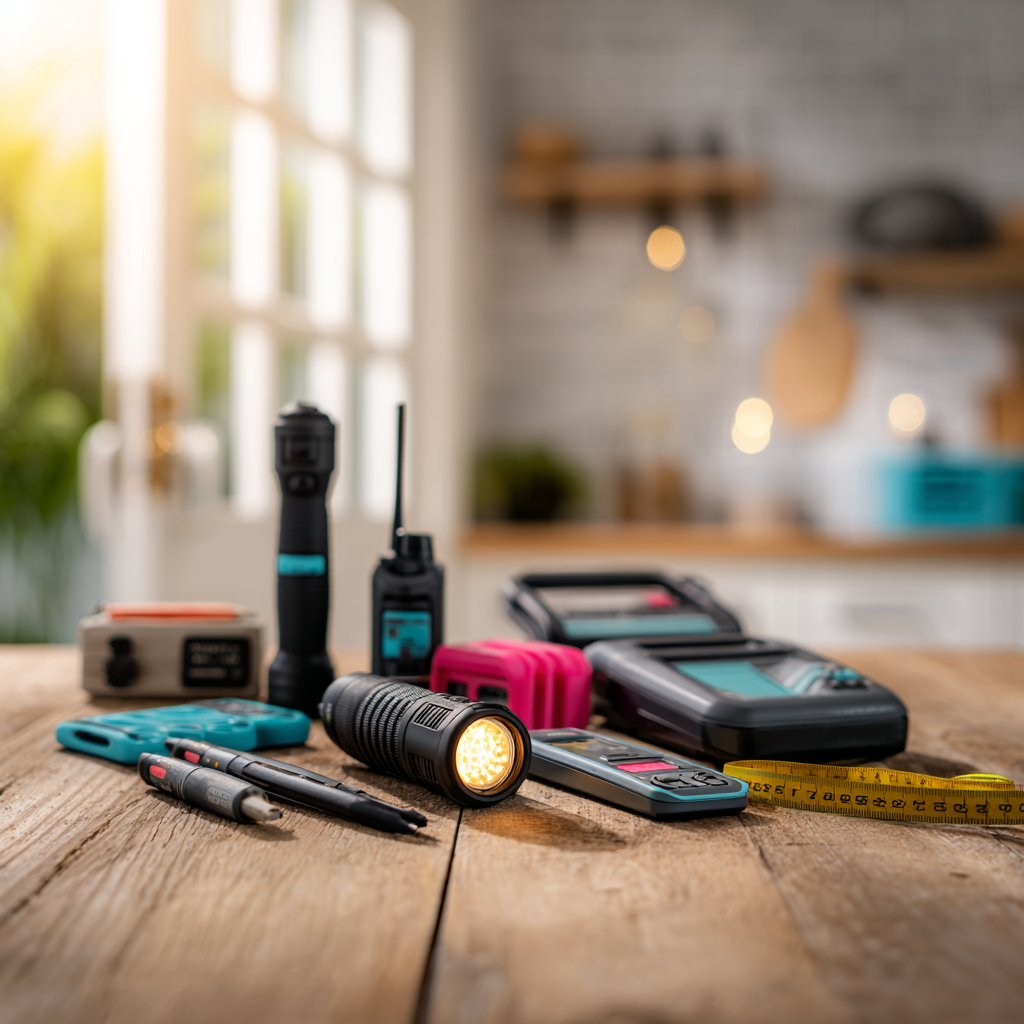 A collection of emergency preparedness items like flashlights and radios on a wooden table in a kitchen setting.