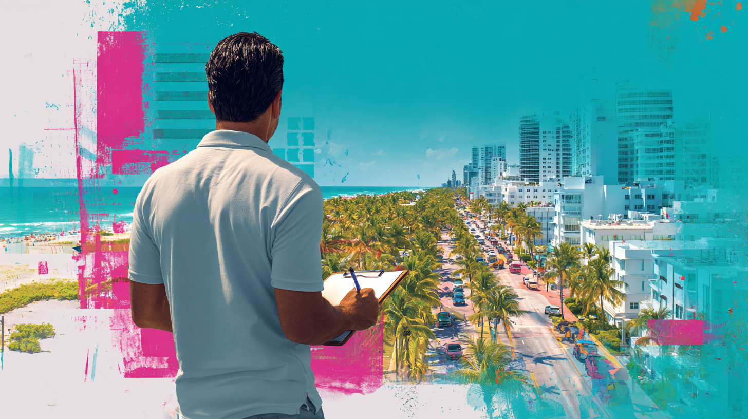 Man in a white shirt sketches on a clipboard, overlooking Miami Beach. 