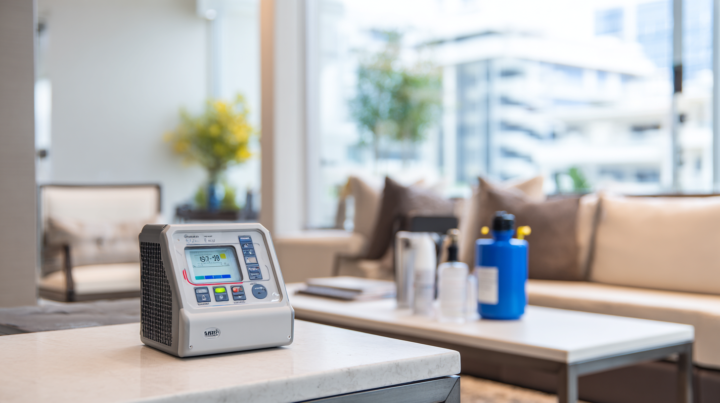 Portable medical device on table in a well-lit, modern waiting area; blurred background of windows and seating.