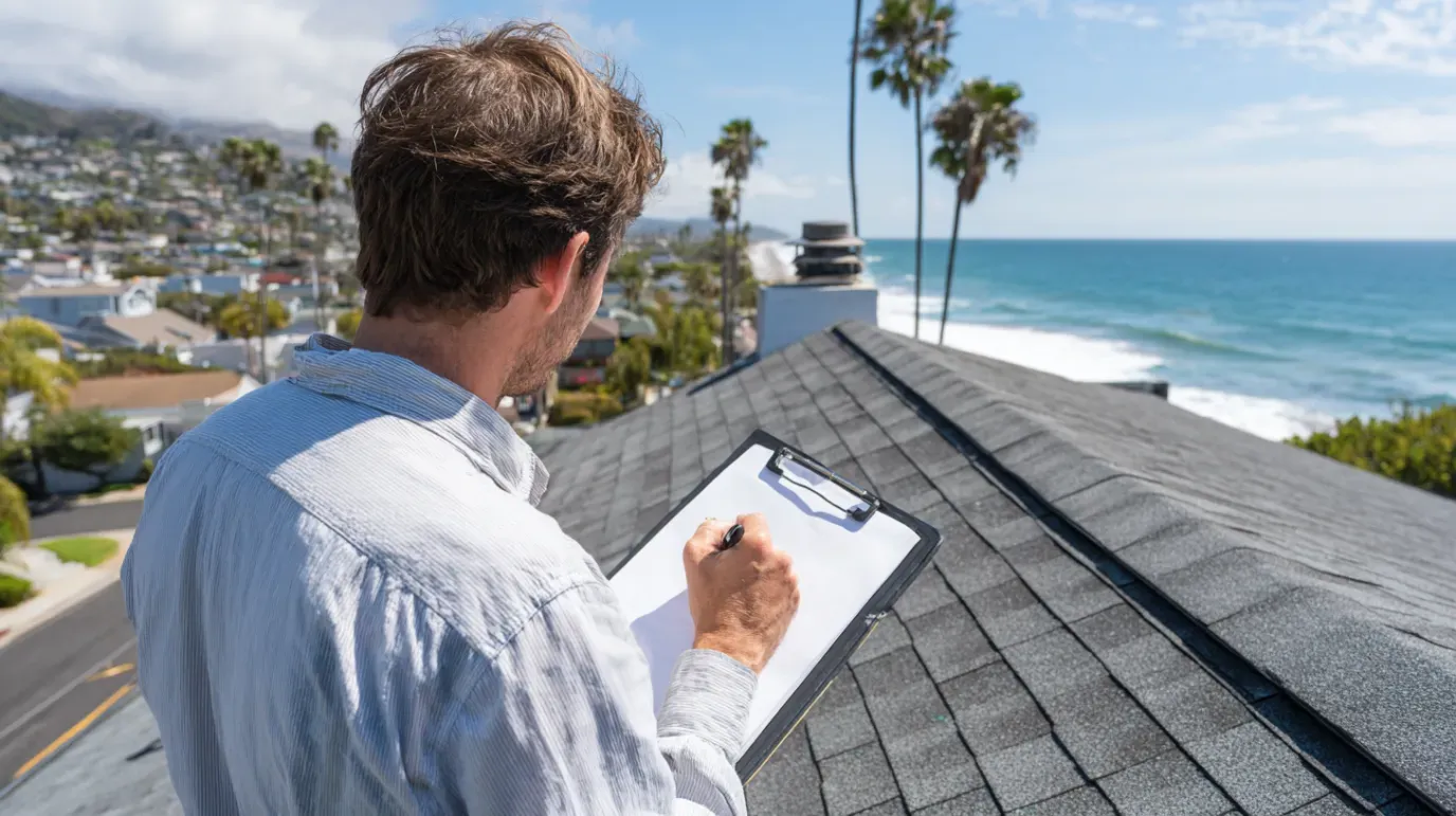 Man inspecting a roof, ocean view. He's writing on a clipboard, assessing roof condition near a coastal town.