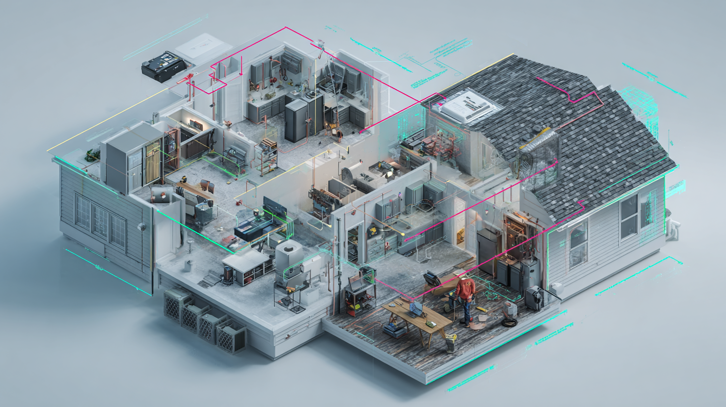 Cutaway view of a house interior, showcasing appliances and the central heating system's ductwork and plumbing.