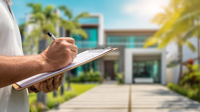 Person with clipboard writing in front of a modern house, likely a home inspection or appraisal. Bright sunny setting.