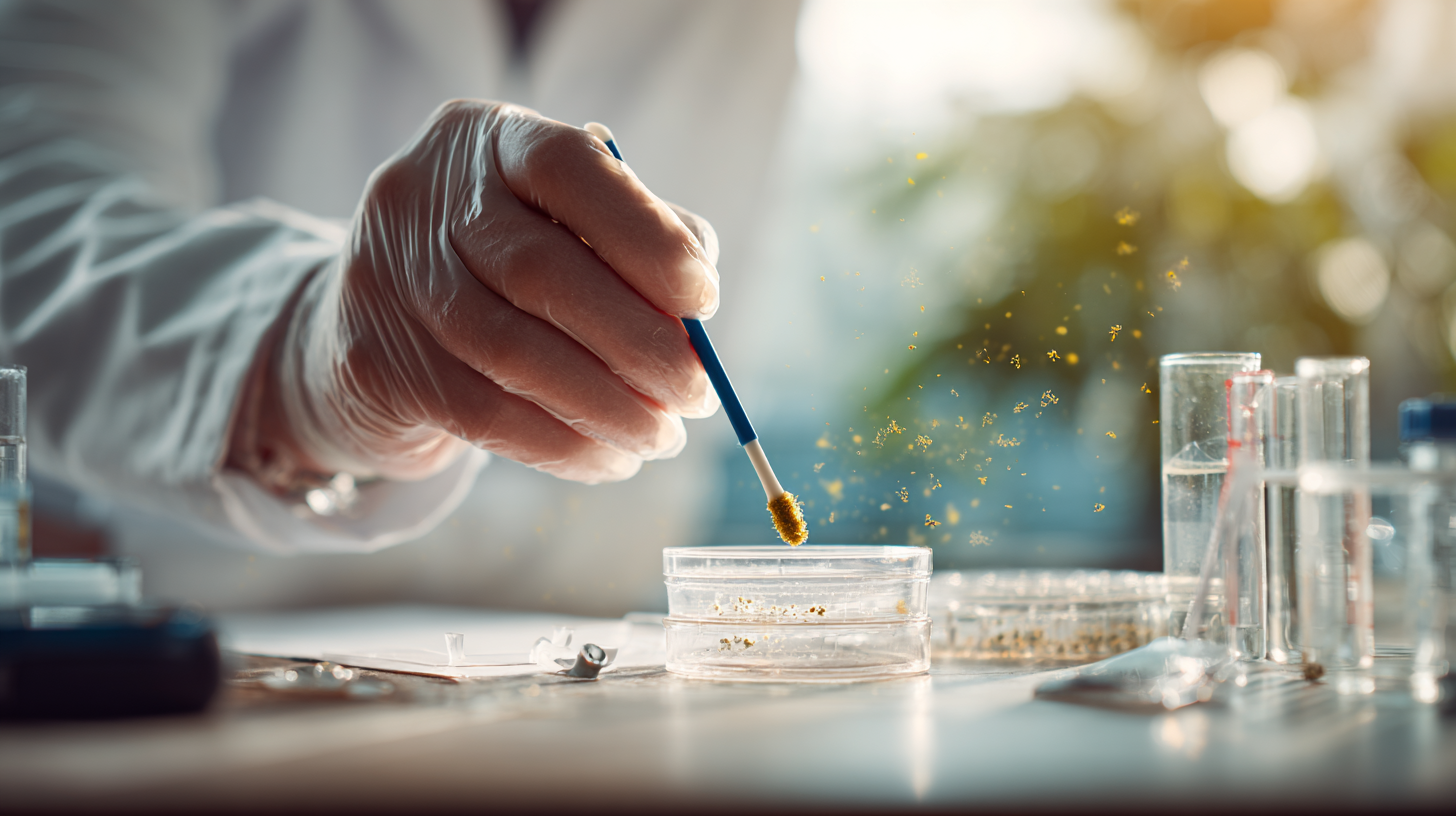 A gloved hand uses a brush to examine a sample in a petri dish in a lab setting. Other lab equipment is visible.