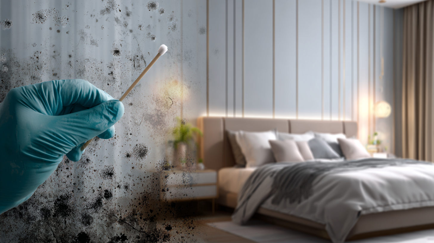 Gloved hand swabbing mold on a wall in a bedroom. A pristine bedroom is in the background.