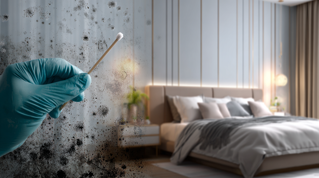 Gloved hand swabbing mold on a wall in a bedroom. A pristine bedroom is in the background.