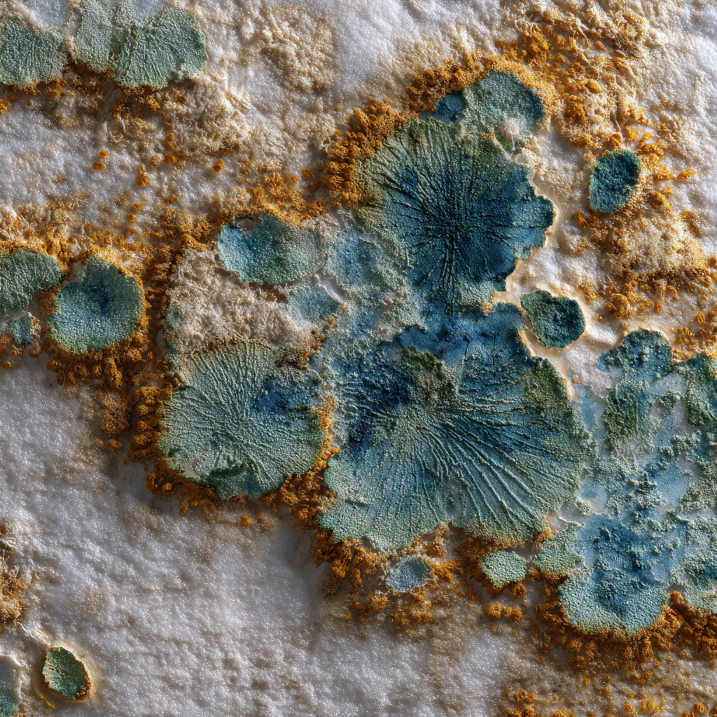 Abstract, close-up view of textured surface with teal and brown circular formations. The background is a light, textured surface.