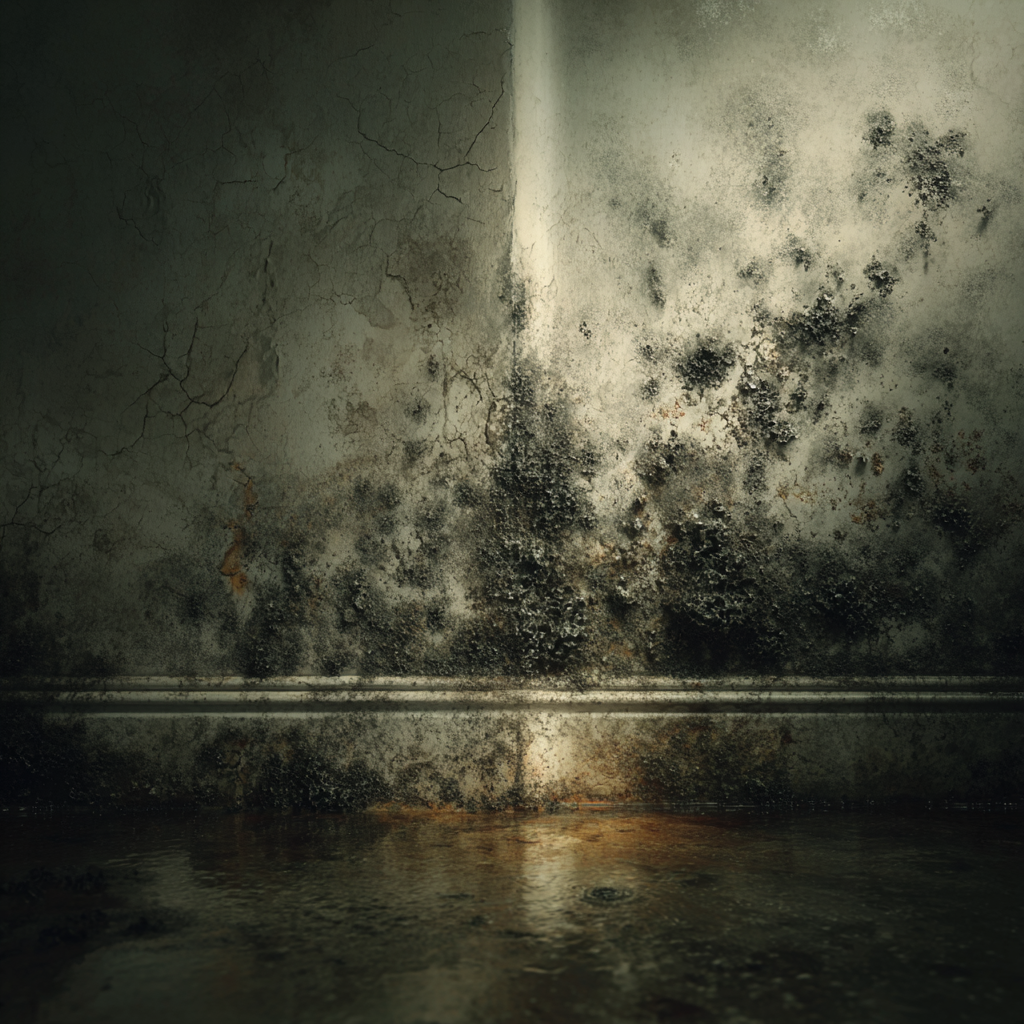 Moldy wall and wet floor; dark, damp interior.
