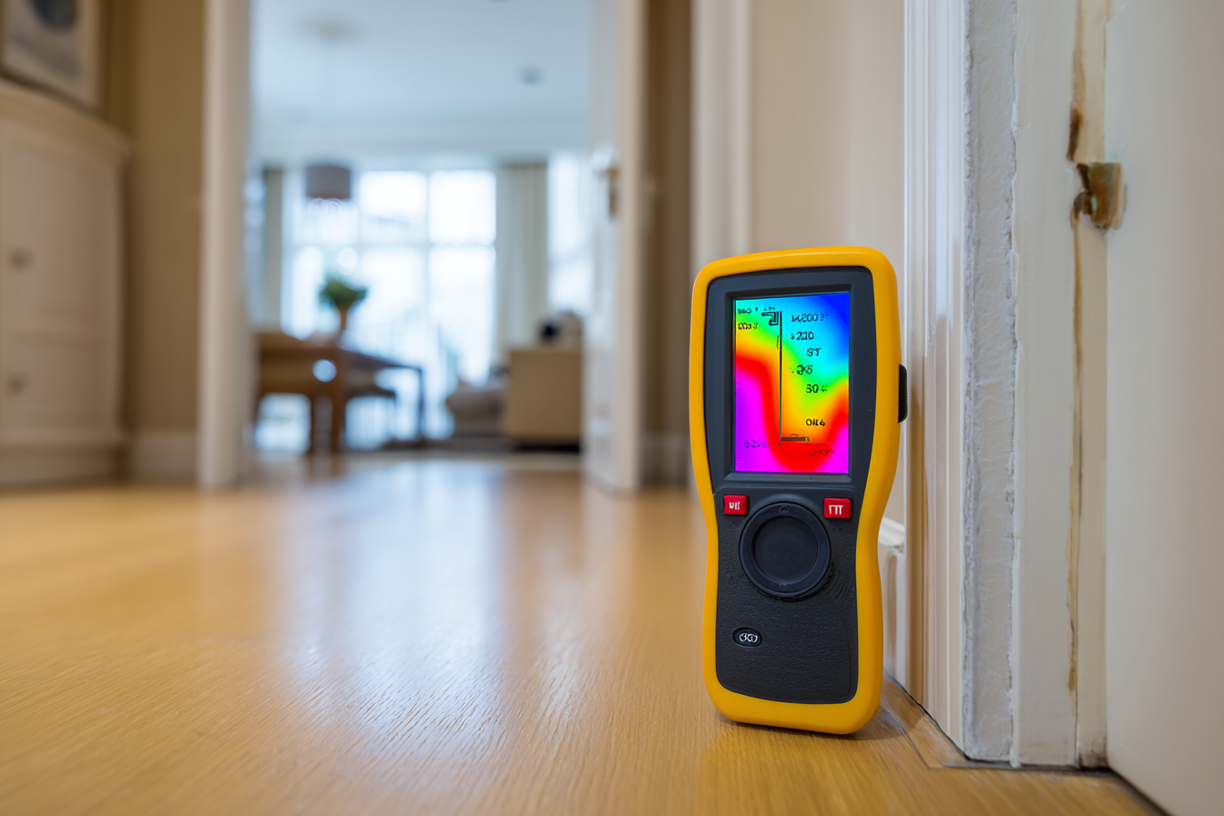 Yellow moisture meter on wood floor near door, colorful display indicating water presence.