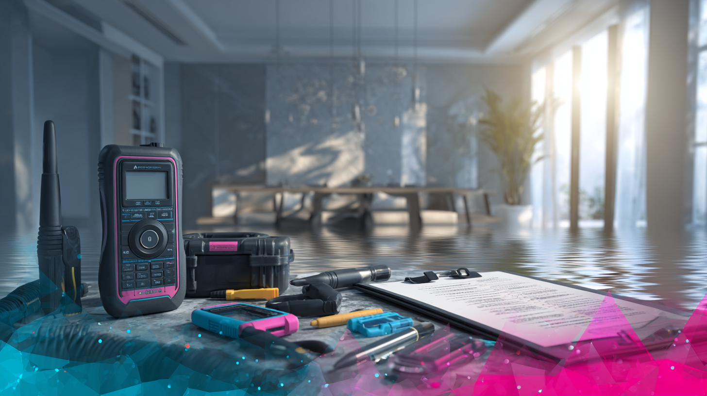 Tools and paperwork on a flooded surface in a modern interior. A radio, toolbox, and clipboard are visible.