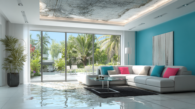 Bright living room with large windows overlooking a lush garden. 
