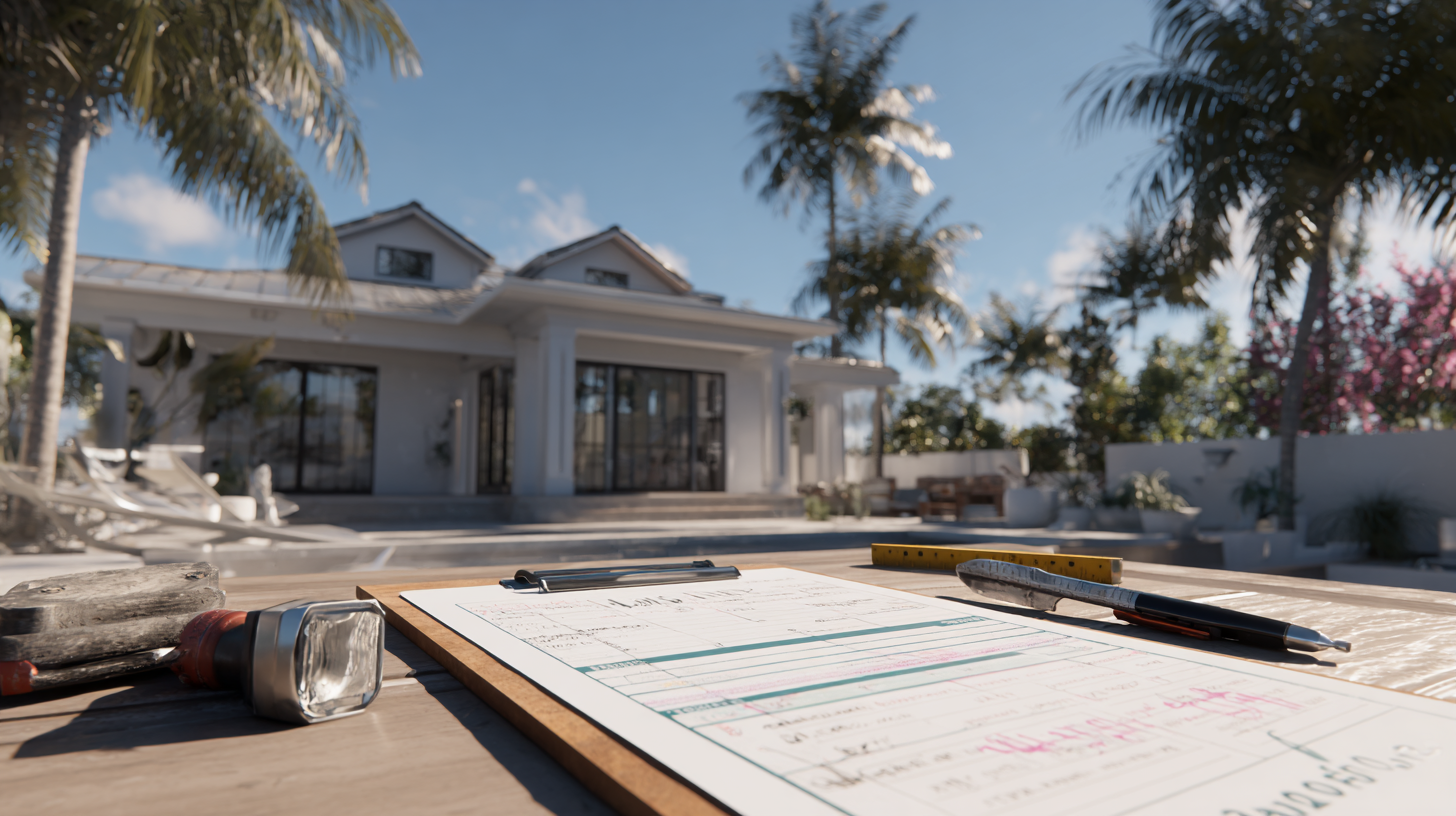 A clipboard with blueprints and tools on a table in front of a modern house with palm trees in a sunny setting.