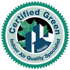 A green seal with "Certified Green Indoor Air Quality Specialist" text around a logo of buildings and leaves.