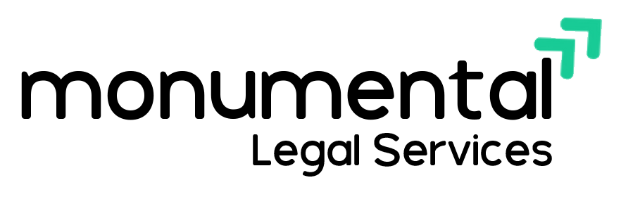 Logo for Monumental Legal Services, with black text and green upward-pointing arrows.