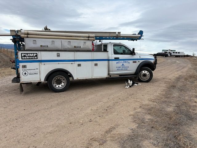 White service truck with toolboxes, logo for pump services, parked on dirt road, dog laying nearby.
