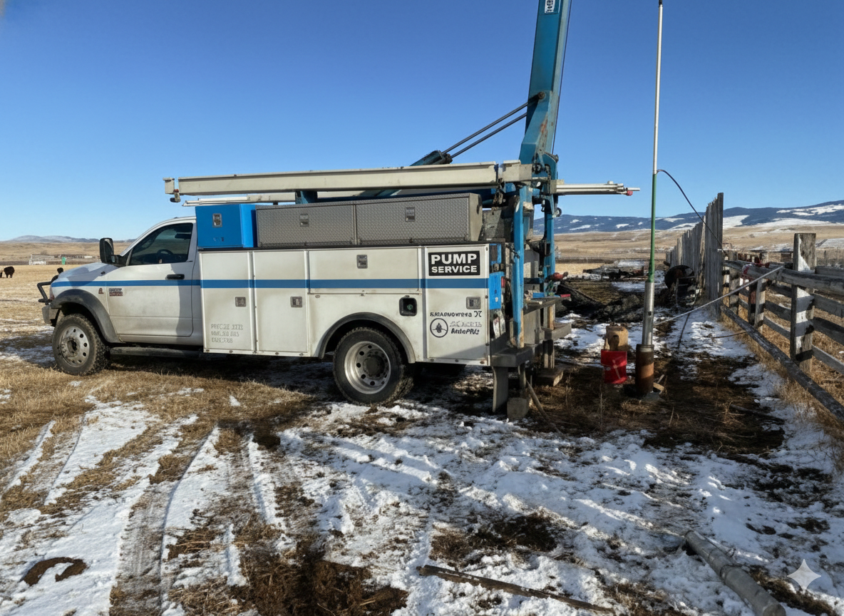 White truck with drilling equipment in a field, under a blue sky.