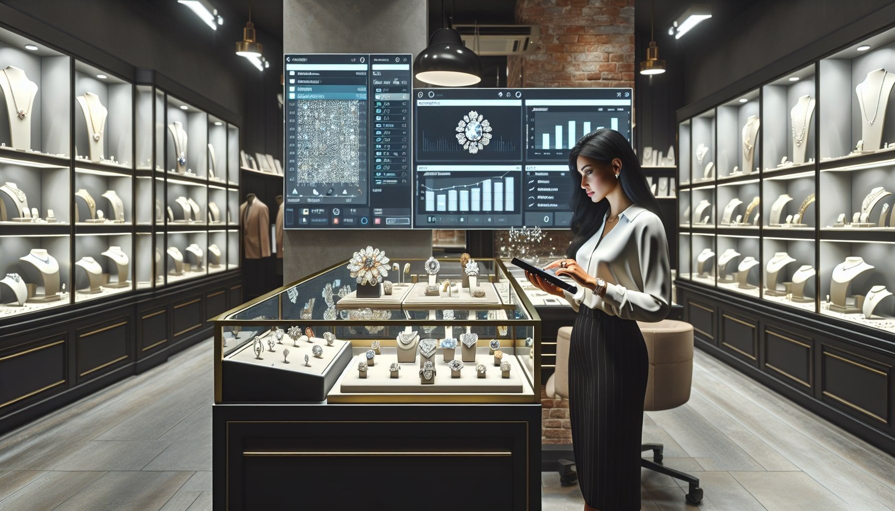 A photo-realistic landscape image depicting a modern jewelry store interior with elegant display cases showcasing various types of jewelry, such as diamonds and handcrafted pieces. In the foreground, a jeweler is using a digital device for inventory management, while a computer screen displays inventory software with graphs and analytics. The atmosphere is bright and professional, emphasizing sophistication and technology in inventory management for jewelers.
