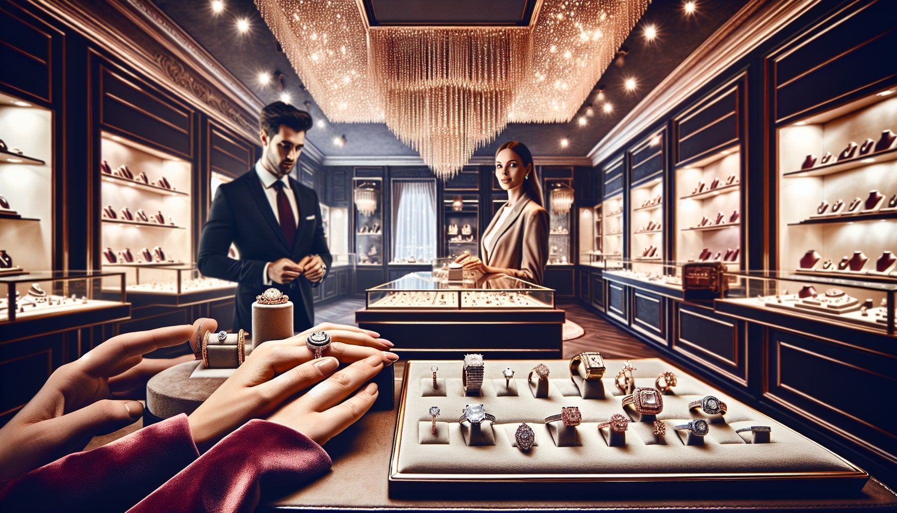 A luxurious jewelry store interior, showcasing a variety of elegant jewelry pieces like rings, necklaces, and watches displayed on soft velvet and satin backgrounds. The lighting is warm and inviting, highlighting the sparkling gems and intricate designs. In the background, a well-dressed jeweler is assisting a customer, emphasizing high-quality service and a personalized shopping experience. The atmosphere is sophisticated and stylish, reflecting the luxury market.