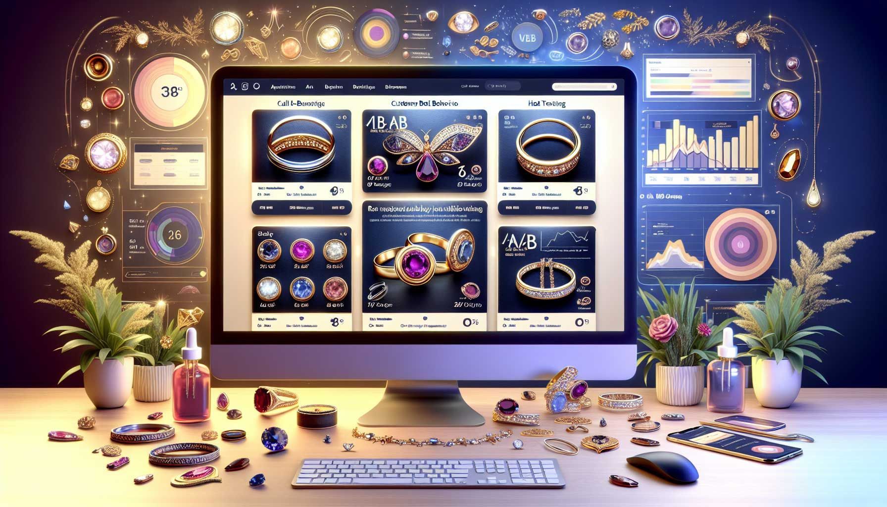 A vibrant and detailed e-commerce website dashboard showcasing A/B testing elements for a jewelry store. On one side, display two versions of a product page with contrasting call-to-action buttons, different product images, and descriptions. Include visually appealing jewelry pieces like rings and necklaces, with rich textures and high-quality designs. Highlight analytic graphs and heat maps on the screen to represent customer behavior data, set against a modern and elegant workspace with gold and gemstone accents. The overall look should be photo-realistic and informative, appealing to jewelers interested in optimizing their e-commerce strategies.