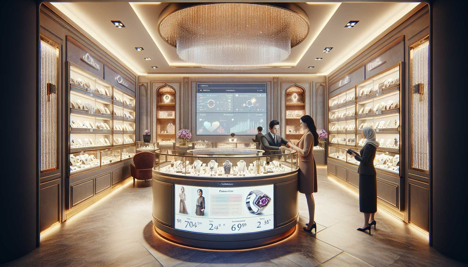 A luxurious, photo-realistic interior of a jewelry store featuring a sleek and modern point of sale system prominently displaying AI-powered features. Showcases filled with sparkling jewelry and gemstones, with a jeweler interacting with a customer, highlighting the personal service aspect. Soft, warm lighting enhances the ambiance. A digital screen in the background illustrates graphs and data analytics related to customer behavior and inventory management, depicting the integration of technology in the retail experience.