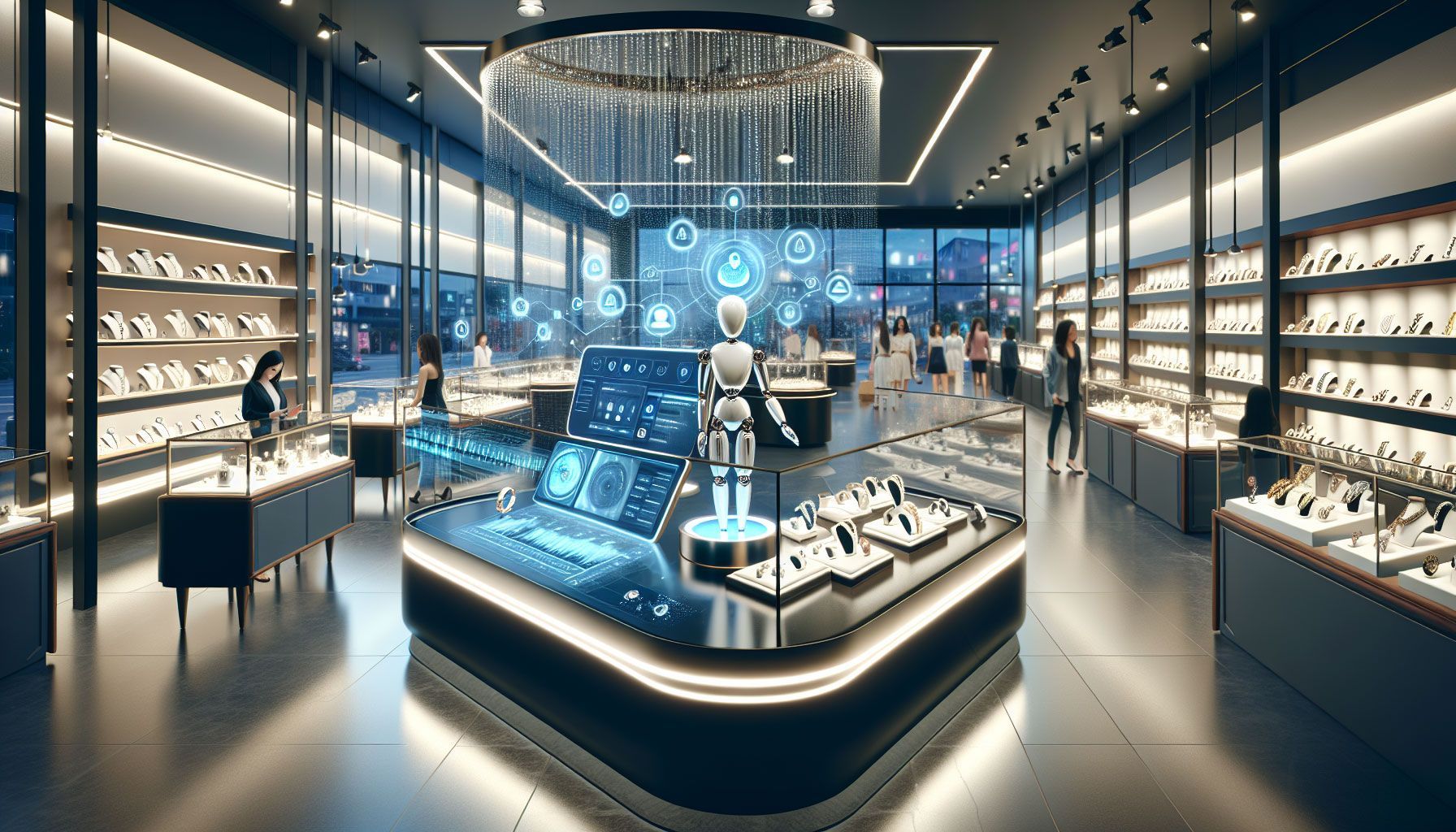 A visually striking and detailed landscape image showing a modern jewelry store illuminated with soft lighting, featuring a sleek display of various jewelry pieces such as rings, necklaces, and bracelets. In the foreground, a friendly, futuristic AI-powered chatbot interface is shown on a transparent screen, engaging with a customer. The background displays customers using their smartphones to shop online, and digital analytics graphics overlaying the store, emphasizing the integration of AI in the jewelry e-commerce experience. The atmosphere is elegant and sophisticated, reflecting the luxury of the jewelry industry while showcasing advanced technology.