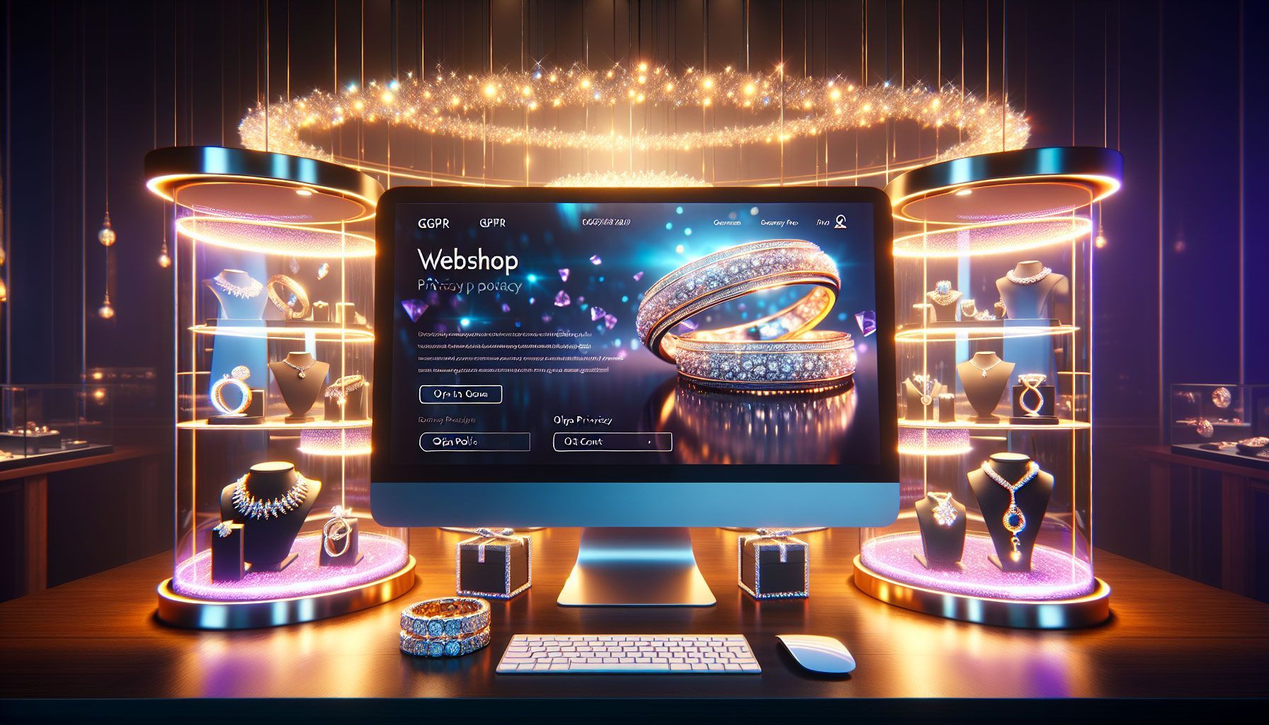 A photo-realistic, vibrant landscape image depicting a luxurious jewelry webshop interface on a computer screen. The backdrop is a beautifully designed jewelry store, showcasing sparkling rings, necklaces, and bracelets in glass displays. Soft, warm lighting highlights the elegance of the jewelry. There are subtle hints of GDPR compliance, like a visible privacy policy document and opt-in consent form on the screen. The scene captures a sense of trust and professionalism, appealing to jewelers focused on maintaining data privacy and compliance.