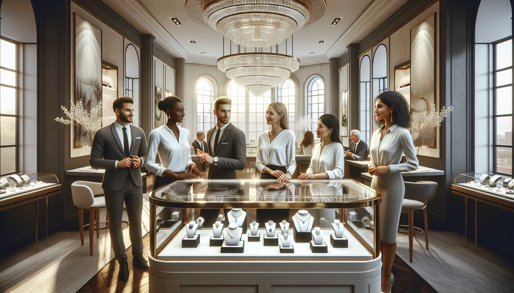 A photo-realistic image depicting a modern jewelry store with an elegant interior, showcasing a diverse group of employees engaged in discussions with potential candidates during a recruitment event. The scene includes displays of sparkling jewelry, a welcoming environment, and professional presence, emphasizing the warmth and professionalism of the store. Natural light filters through large windows, enhancing the overall inviting atmosphere. The employees represent diversity in age, gender, and ethnicity, illustrating an inclusive workplace.