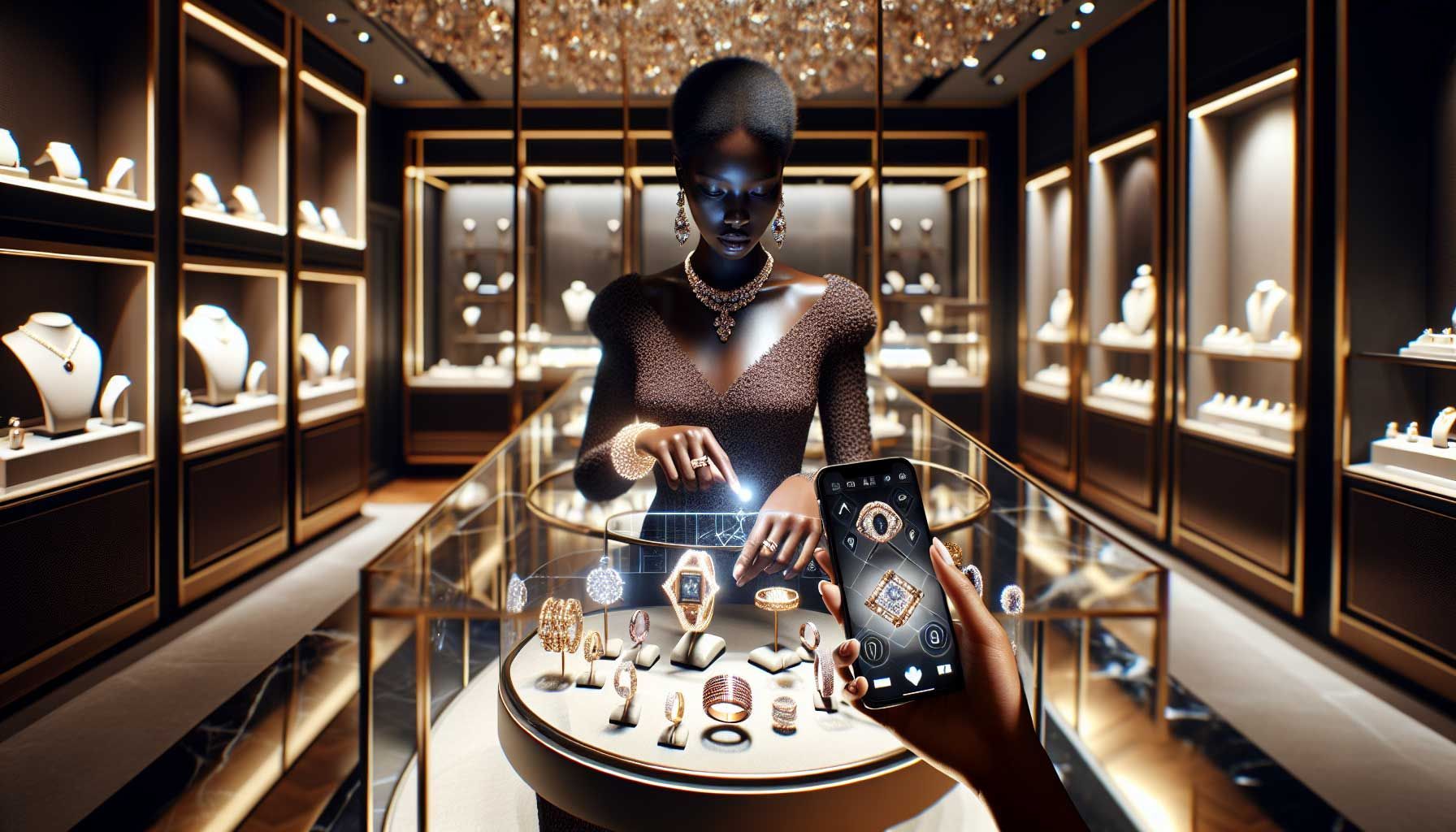 A visually stunning, photo-realistic image depicting a luxurious jewelry store environment integrated with augmented reality technology. The scene shows a well-dressed customer using her smartphone to try on various beautiful rings and necklaces virtually. She stands in a sleek store with elegant displays of jewelry, while AR overlays on the phone screen showcase the jewelry fitting her. The ambiance should reflect sophistication, with warm lighting highlighting the sparkle of the jewelry, and digital interfaces showcasing how customers can interact with the jewelry through AR.