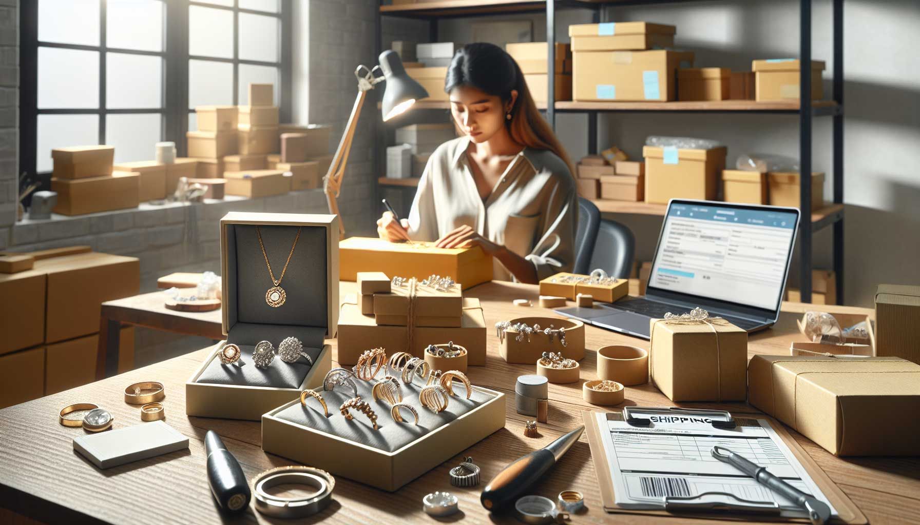 A luxurious and secure jewelry shipping scenario, showcasing a beautifully packaged jewelry box with delicate rings and necklaces inside, placed on a wooden table. In the background, a professional jeweler examines shipping labels and documents amidst a well-organized workspace filled with tools, packing materials, and a laptop displaying tracking software. Soft natural light filters through a nearby window, illuminating the scene with an air of elegance and professionalism. The overall atmosphere suggests safety, trust, and efficiency in shipping jewelry.