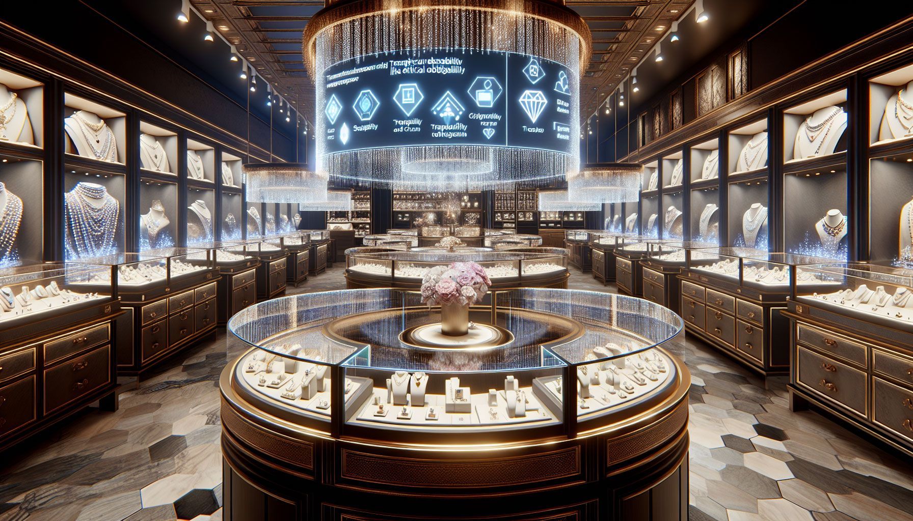 A photo-realistic landscape image of a luxurious jewelry store interior featuring elegant display cases filled with stunning jewelry pieces, alongside a digital screen showcasing blockchain technology graphics. The environment should be well-lit, highlighting the sparkle and craftsmanship of the jewelry while integrating visual elements of transparency and traceability, such as diagrams depicting the supply chain and ethical sourcing. The atmosphere should convey a sense of innovation, luxury, and ethical responsibility, appealing specifically to jewelers and highlighting the intersection of fine jewelry and modern technology.