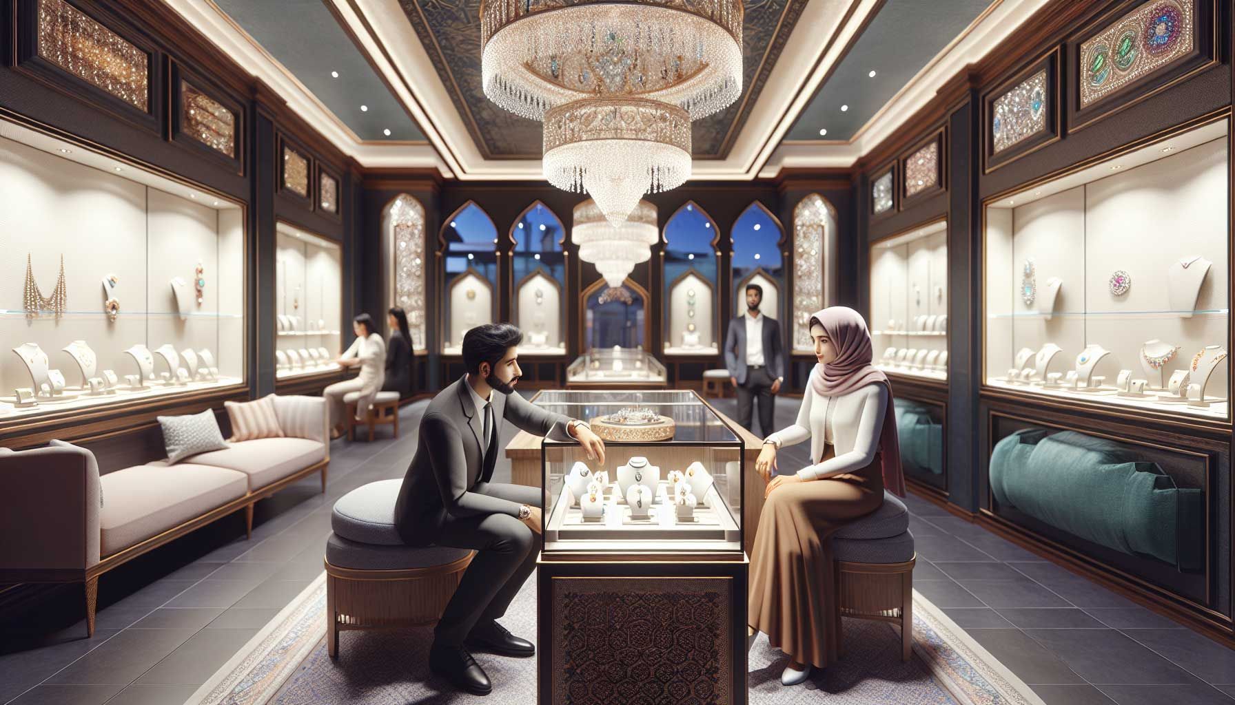 A serene jewelry store interior with elegant displays showcasing intricate jewelry pieces, soft lighting creating a welcoming atmosphere, and a knowledgeable salesperson engaging with a relaxed and curious customer. The scene captures the essence of a calm, non-intrusive sales approach, emphasizing the connection between the customer and the salesperson. The background includes stylish showcases, colorful gemstones, and delicate jewelry items, all presented in a cozy and inviting setting, conveying the importance of building trustworthy customer relationships.