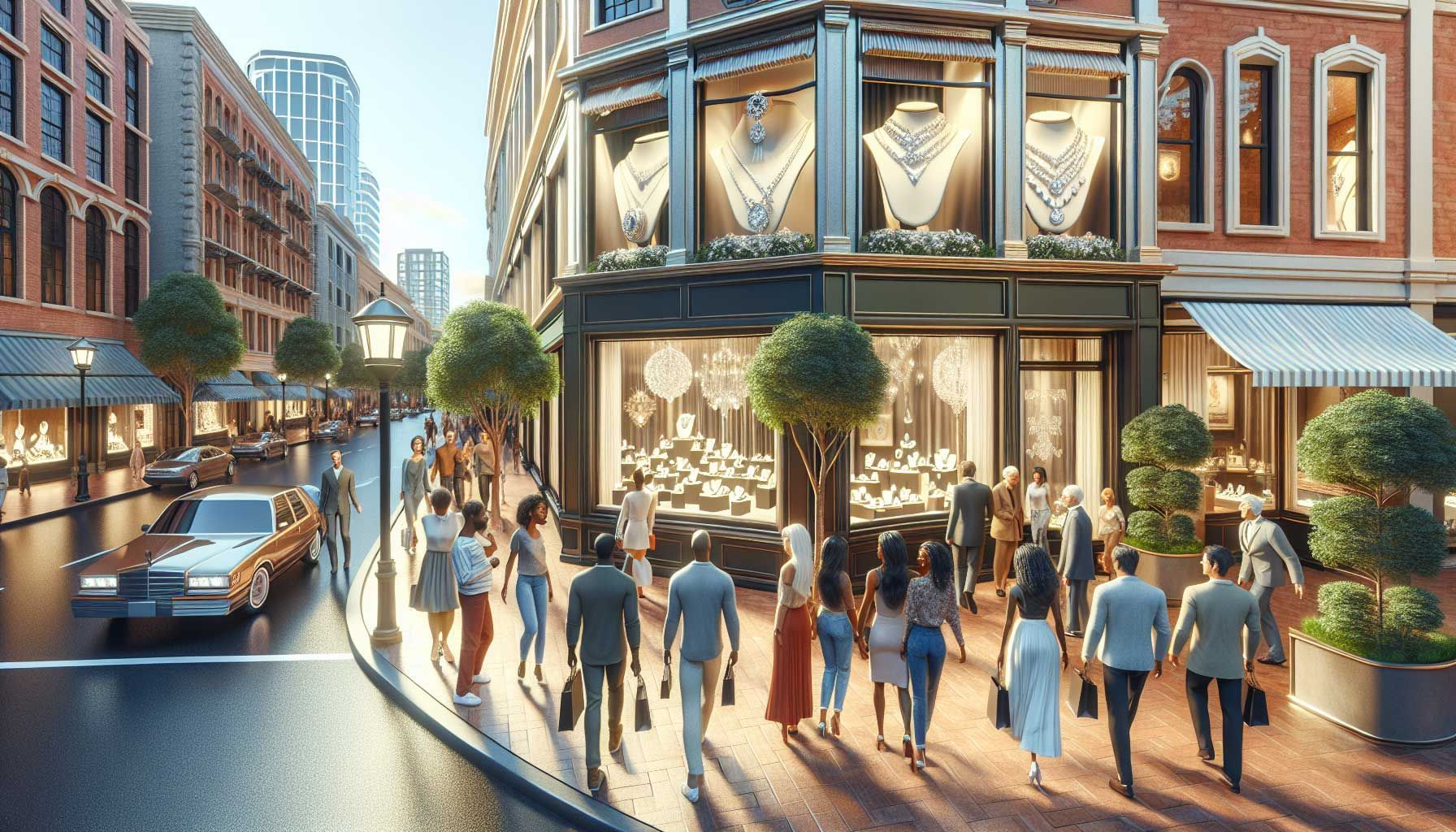 A photo-realistic landscape image featuring a high-end jewelry store located in an upscale shopping district. The storefront displays elegant window designs showcasing luxurious jewelry pieces. The street is bustling with potential customers, including young professionals and families, highlighting a diverse demographic. There are nearby cafes, boutique shops, and ample foot traffic, with trees lining the sidewalk for a welcoming atmosphere. The setting is bright and inviting, capturing the essence of a prime retail location for jewelers.