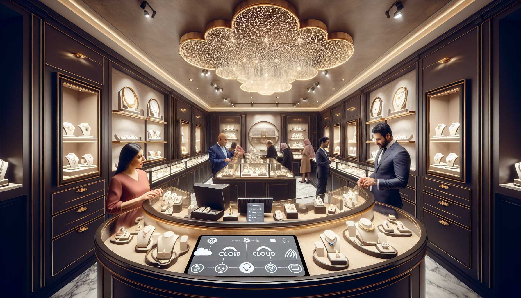 A photo-realistic image of a modern jewelry store interior showcasing multiple locations with elegant displays of jewelry. The scene includes a sleek cloud-based POS system prominently displayed on the counter, with a jeweler engaging with customers and managing inventory on a tablet. The decor is luxurious, with sparkling jewels and soft lighting creating an inviting atmosphere. Design elements hinting at digital integration, like cloud symbols or API connections, can be subtly incorporated into the background, emphasizing technology in retail.