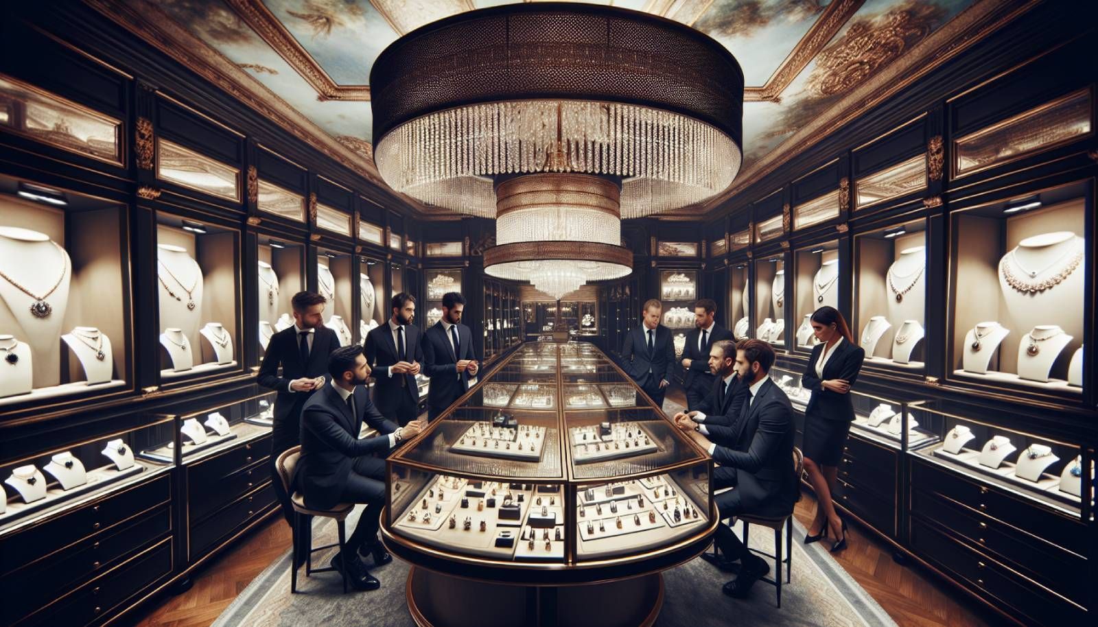 Un interior de joyería de lujo que muestra una exhibición bien organizada de elegantes piezas de joyería, con una atmósfera cálida y acogedora. Un equipo diverso de joyeros profesionales, tanto hombres como mujeres, participa en una reunión colaborativa, discutiendo comentarios de clientes y estrategias de servicio. La iluminación suave realza las gemas brillantes, mientras el equipo demuestra un enfoque enfocado y armonioso para garantizar una experiencia del cliente consistente. La ambientación refleja una combinación de sofisticación y trabajo en equipo, transmitiendo una sensación de confianza y excelencia en el servicio.