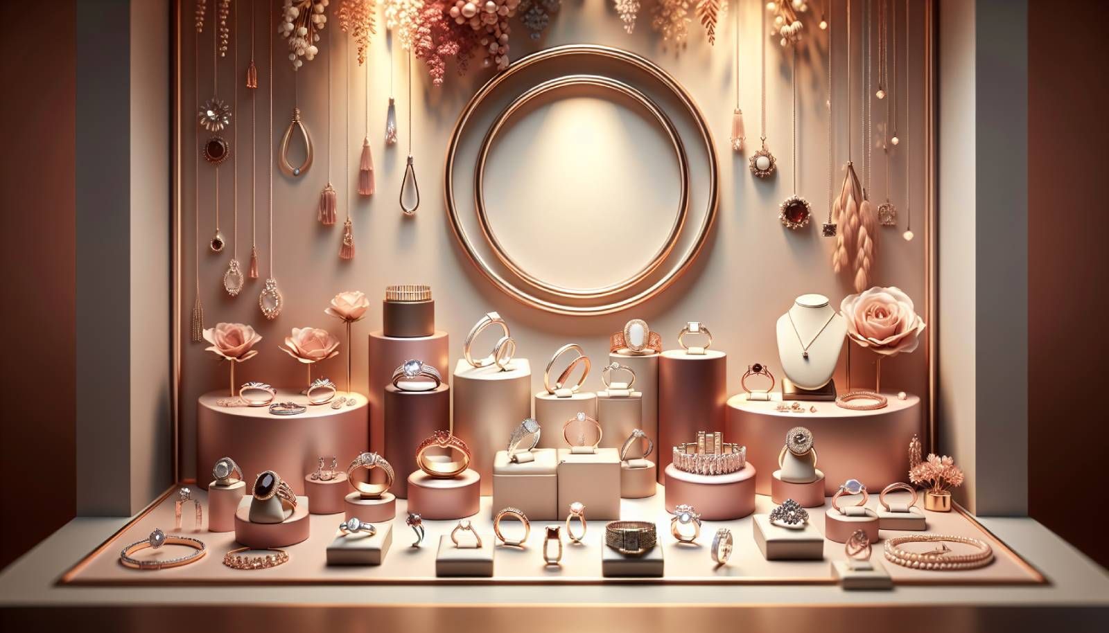 A beautifully arranged display of elegant jewelry pieces, including rings, necklaces, and bracelets, showcasing a variety of styles and colors. The backdrop features soft, warm lighting to enhance the luxurious feel, while flowers subtly integrated into the design hint at seasonal promotions. The scene evokes a sense of premium shopping experience, appealing to jewelers aiming to enhance cross-selling strategies.