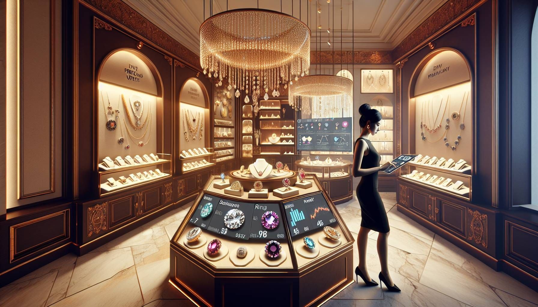 A luxurious jewelry store interior featuring elegant displays of fine jewelry, such as necklaces, rings, and bracelets, with dynamic pricing tags next to them. Soft, warm lighting casts a shimmering effect on the gems, creating an inviting atmosphere. A visible digital screen displays real-time pricing updates based on market demand, while a stylish jeweler is seen analyzing data on a tablet, symbolizing the integration of technology in the pricing strategy. The overall ambiance reflects sophistication and a keen awareness of market dynamics, appealing to jewelers looking to implement dynamic pricing.