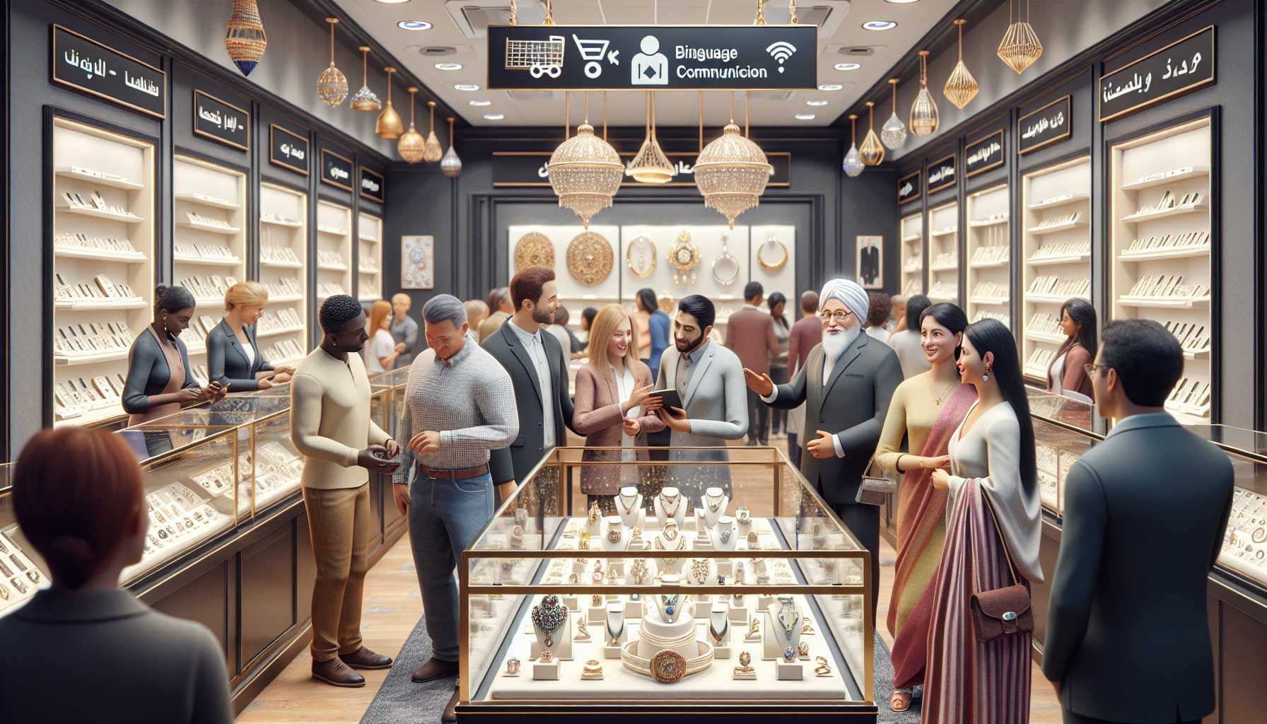 A photorealistic image of a busy jeweler's store showcasing a diverse group of customers and jewelers communicating effectively. A jewelry display with a variety of beautiful rings, necklaces, and earrings is in the foreground. In the background, a jeweler is speaking to a customer in a different language, with translation apps visible on a smartphone. Culturally diverse customers are interacting with gestures, and bilingual signage is displayed in the store. The environment is warm and welcoming, reflecting a multicultural atmosphere, all set in a bright, inviting retail space.