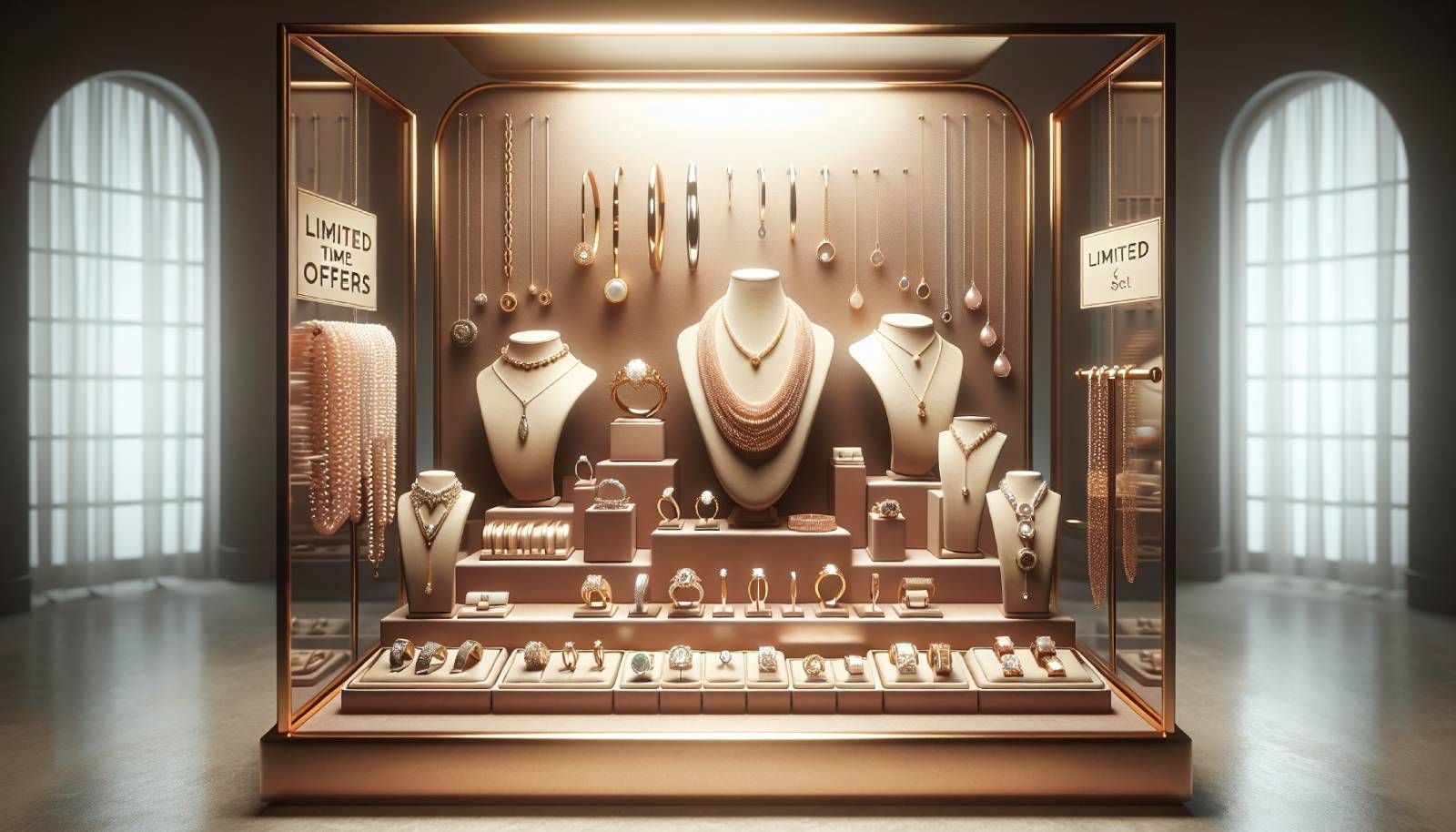 A beautifully arranged jewelry display featuring a variety of luxurious items such as rings, necklaces, and bracelets, all dazzling under soft, focused lighting. The background should have an elegant, muted tone, reflecting a high-end boutique atmosphere. In one corner, a limited-time offers sign is subtly included, emphasizing exclusivity and urgency. The image should convey sophistication and allure, appealing to jewelers looking to attract customers with exclusive online promotions, all in a photo-realistic style.