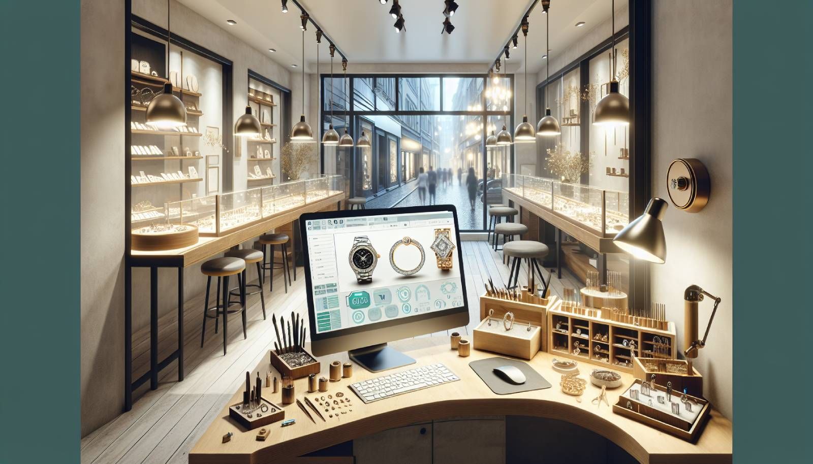 A photo-realistic landscape image depicting a professional jeweler's workspace with a modern computer displaying Google Analytics on the screen. The workspace includes elegant jewelry pieces, tools, and a soft, warm lighting that creates an inviting atmosphere. In the background, a stylish storefront window reveals a glimpse of customers outside, symbolizing the connection between online behavior and retail presence.