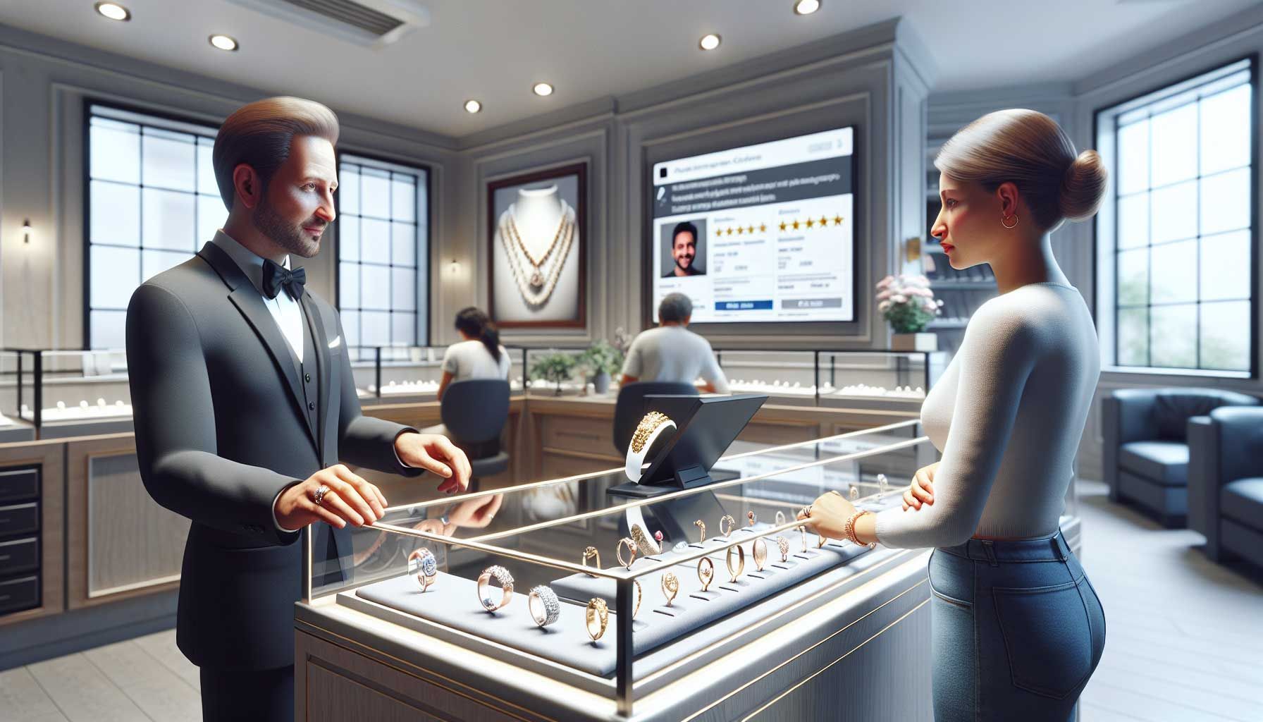 A photo-realistic image depicting a professional jeweler in a modern, well-lit jewelry store, attentively engaging with a customer who looks concerned. The jeweler is showing a calm demeanor, with a display of elegant jewelry pieces in the background, including rings and necklaces, while a computer screen displays customer reviews. The scene conveys an atmosphere of professionalism and open communication, emphasizing the importance of dealing with negative feedback.