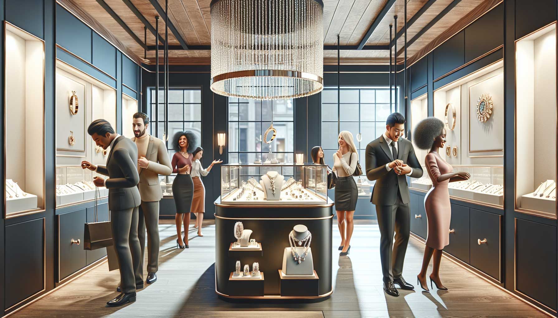 A stunning and elegant jewelry store interior, featuring various types of jewelry on display like rings, necklaces, and bracelets, with a diverse group of customers interacting with attentive salespeople. The atmosphere is bright and inviting, showcasing different customer types: an informed researcher examining a necklace, an emotional buyer admiring a ring with a heartfelt expression, a price-sensitive shopper reviewing discount offers, and an impulsive buyer captivated by a luxurious display. The design should be photo-realistic and visually captivating, emphasizing personal connections and customer engagement in sales.