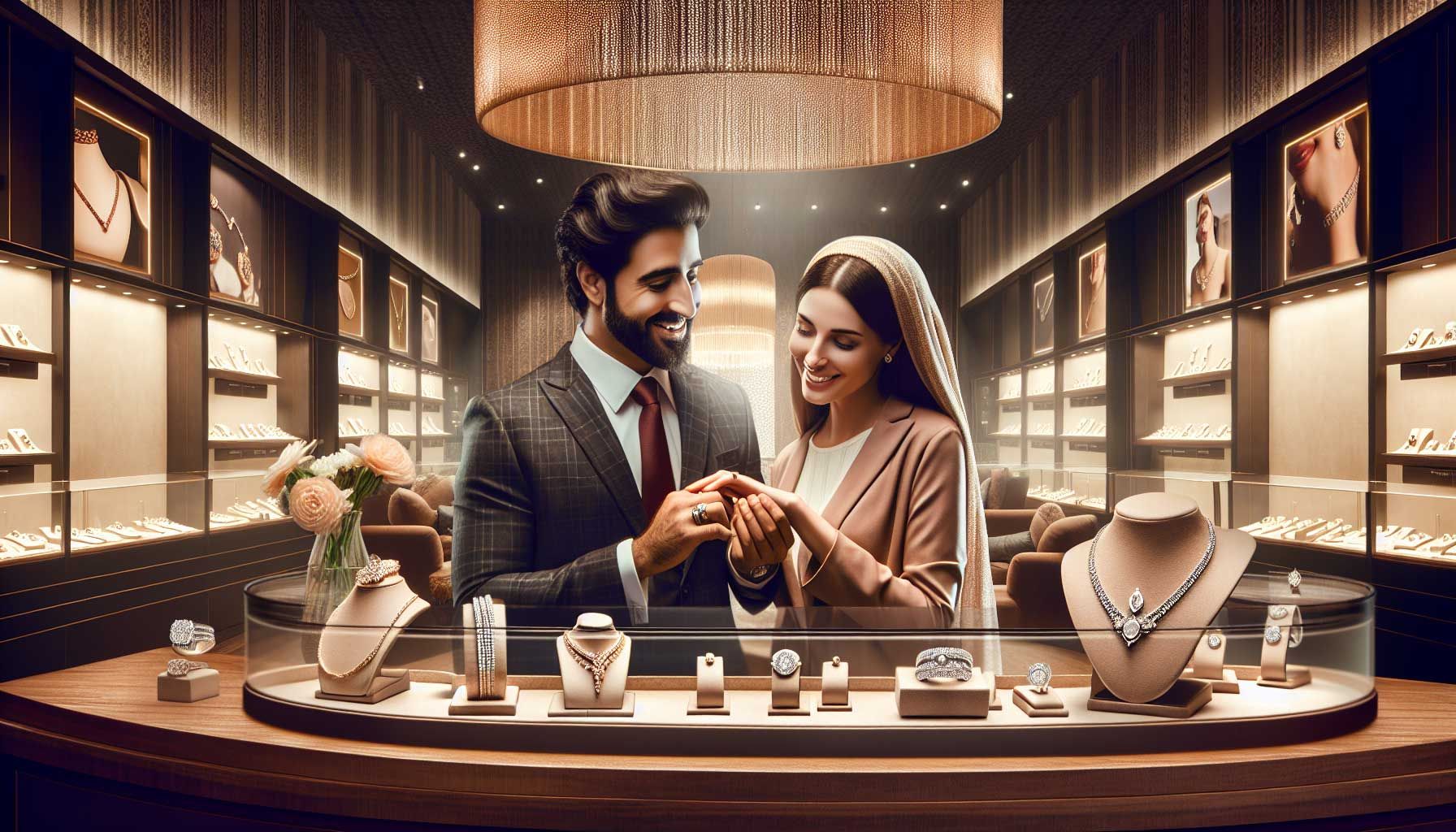 A luxurious jewelry store interior, showcasing an inviting atmosphere with elegant displays of rings, necklaces, and bracelets under warm lighting. The design features an open layout with comfortable seating, rich textures, and beautiful decor elements like floral arrangements. In the foreground, a friendly salesperson engages warmly with a happy couple, discussing a sparkling piece of jewelry. Soft music notes subtly flow through the air, enhancing the ambiance. The image captures a sense of emotional connection and personalized service, embodying the essence of a memorable shopping experience for customers.