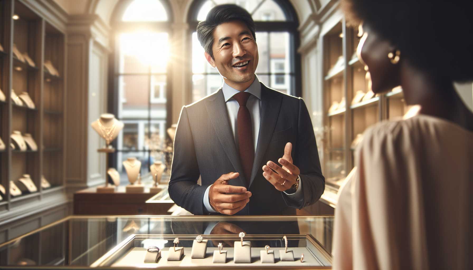 A photo-realistic image depicting a jeweler in a bright, elegant shop, engaging in a short but impactful conversation with a stylish customer. The jeweler, a middle-aged male with a welcoming smile, stands confidently behind a beautifully arranged display of sparkling rings and necklaces. Soft sunlight filters through the large windows, illuminating the jewelry and creating a warm atmosphere. The customer, a young woman dressed elegantly, appears interested and engaged as she listens intently, while the jeweler gestures expressively, embodying the concepts of effective communication and emotional connection in a sales environment.