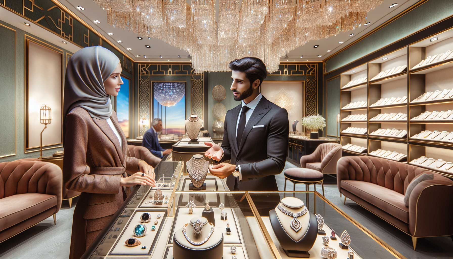 A beautifully arranged jewelry store interior, showcasing a variety of sparkling gemstones and elegant displays. Soft, warm lighting creates an inviting atmosphere, highlighting the intricacies of the jewelry pieces. A well-dressed salesperson is engaging with a customer, demonstrating a piece of jewelry. The background features a stylish decor with plush seating and tasteful artwork. The scene conveys a sense of luxury and customer care, emphasizing an ideal shopping experience for jewelry buyers, in a photo-realistic style.