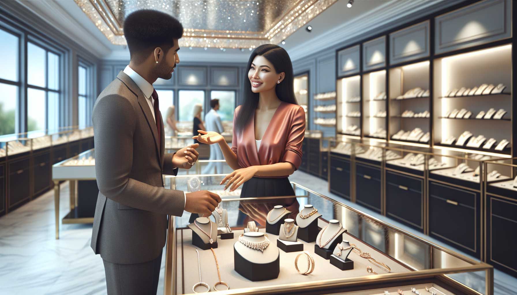 A photo-realistic image depicting a luxurious jewelry store interior, showcasing elegant displays of various jewelry pieces such as rings, necklaces, and bracelets, with a focus on a jeweler interacting attentively with a customer. The atmosphere is bright and inviting, featuring polished glass cases, soft lighting that highlights the jewelry, and an elegant design theme. The customer appears intrigued, indicating a sign of purchase interest, while the jeweler engages in conversation, pointing out features of a piece of jewelry.