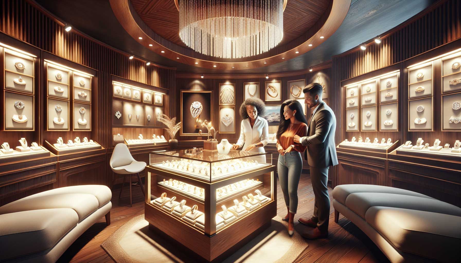 A luxurious jewelry store interior featuring elegant displays of sparkling jewels, with soft ambient lighting creating a warm and inviting atmosphere. A skilled jeweler, a middle-aged woman, is engaging with a customer, a young couple, as they admire a beautiful engagement ring. The couple appears emotionally connected, expressing joy and excitement. Rich textures, such as plush seating and polished wood accents, enhance the sense of a unique shopping experience. In the background, a wall adorned with framed personal stories and testimonials about the memories tied to the jewelry adds a human touch, symbolizing the emotional bonding aspect of the sales process.