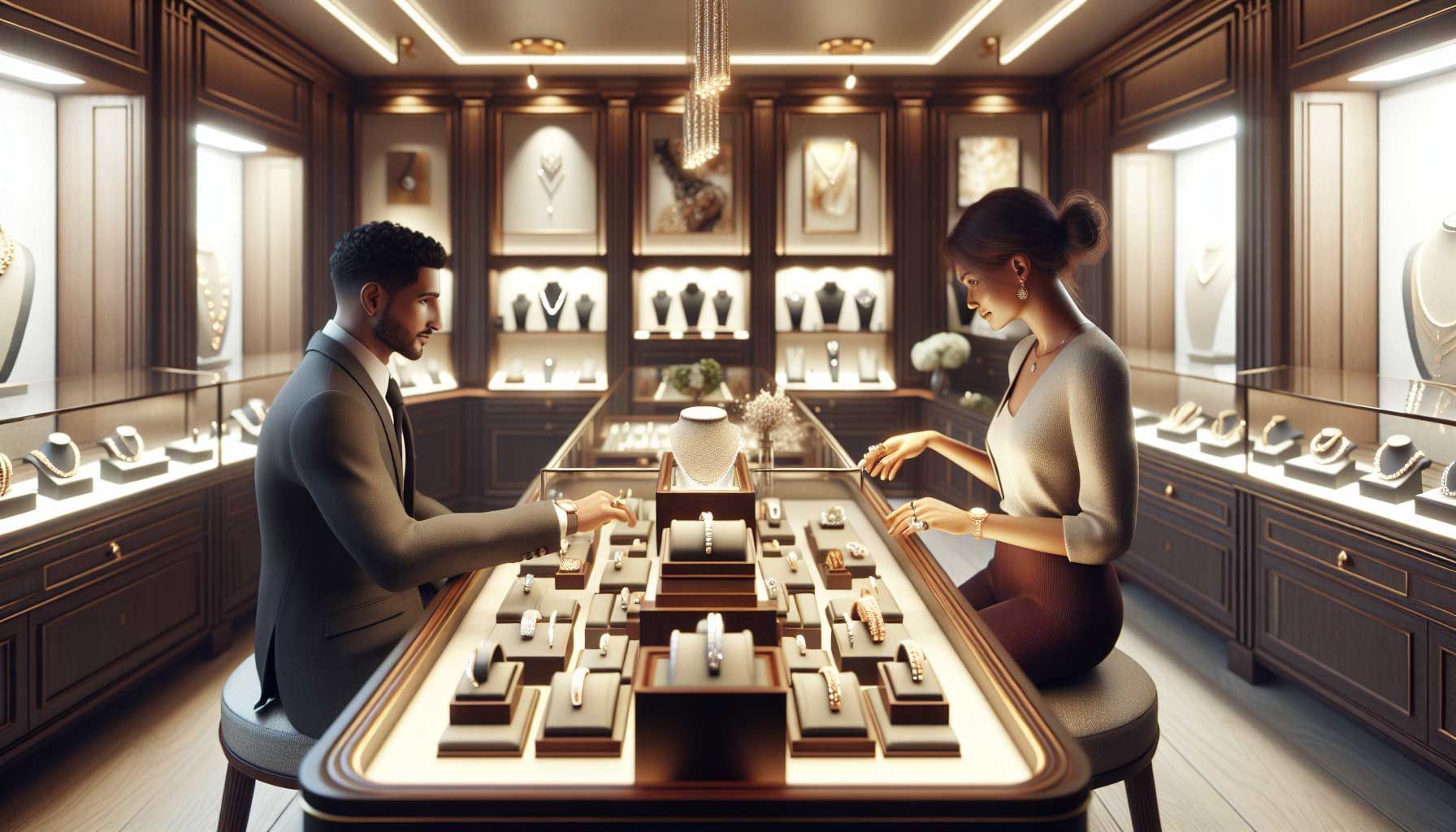 A photo-realistic image of a luxurious jewelry store interior, featuring elegant displays of jewelry pieces. The environment is warm and inviting, with soft lighting illuminating the showcase filled with sparkling rings, necklaces, and bracelets. A jeweler is attentively engaging with a customer, showcasing a piece of jewelry while providing expert advice. The store has tasteful decor, with polished wooden counters and a classy ambiance, demonstrating excellent customer service in action. This image visually represents how jewelers can handle customers seeking advice without purchasing.