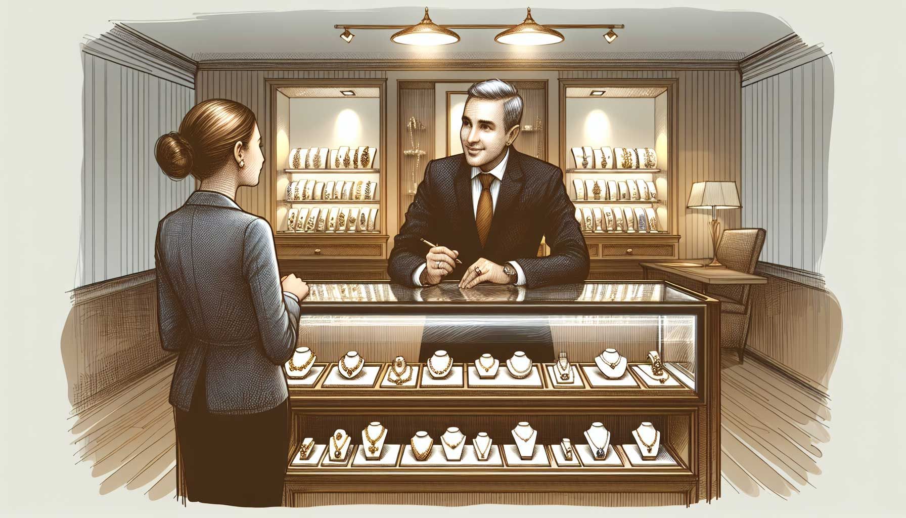 A modern and elegant jewelry store interior, with a well-dressed jeweler attentively listening to a distressed customer at the counter. The lighting is warm and inviting, showcasing sparkling jewelry pieces in display cases. The jeweler, a middle-aged person with a friendly demeanor, shows empathy, making eye contact and nodding as the customer speaks. The ambiance reflects a commitment to customer service, highlighting the importance of addressing customer concerns in the jewelry industry.